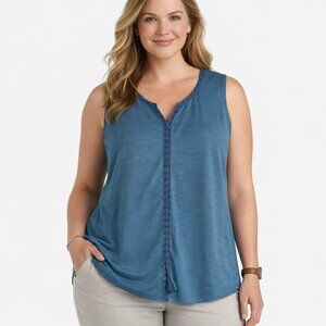 Kuhl Shay Tank Top Blue Women Size XL 100% Cotton Embroidered Placket Back Pleat